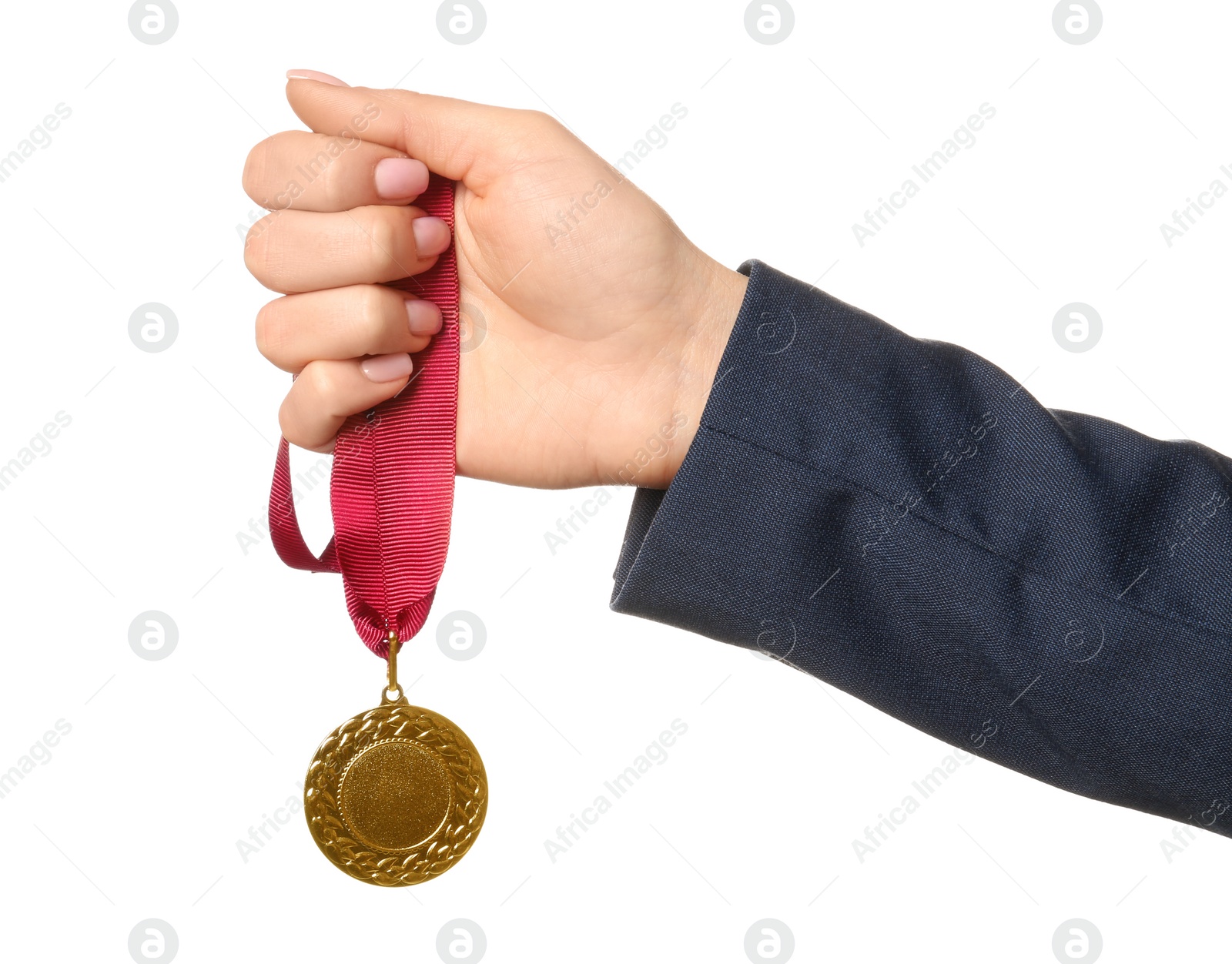 Photo of Woman holding golden medal on white background, closeup