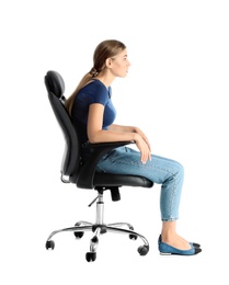 Photo of Woman sitting in office chair on white background. Posture concept