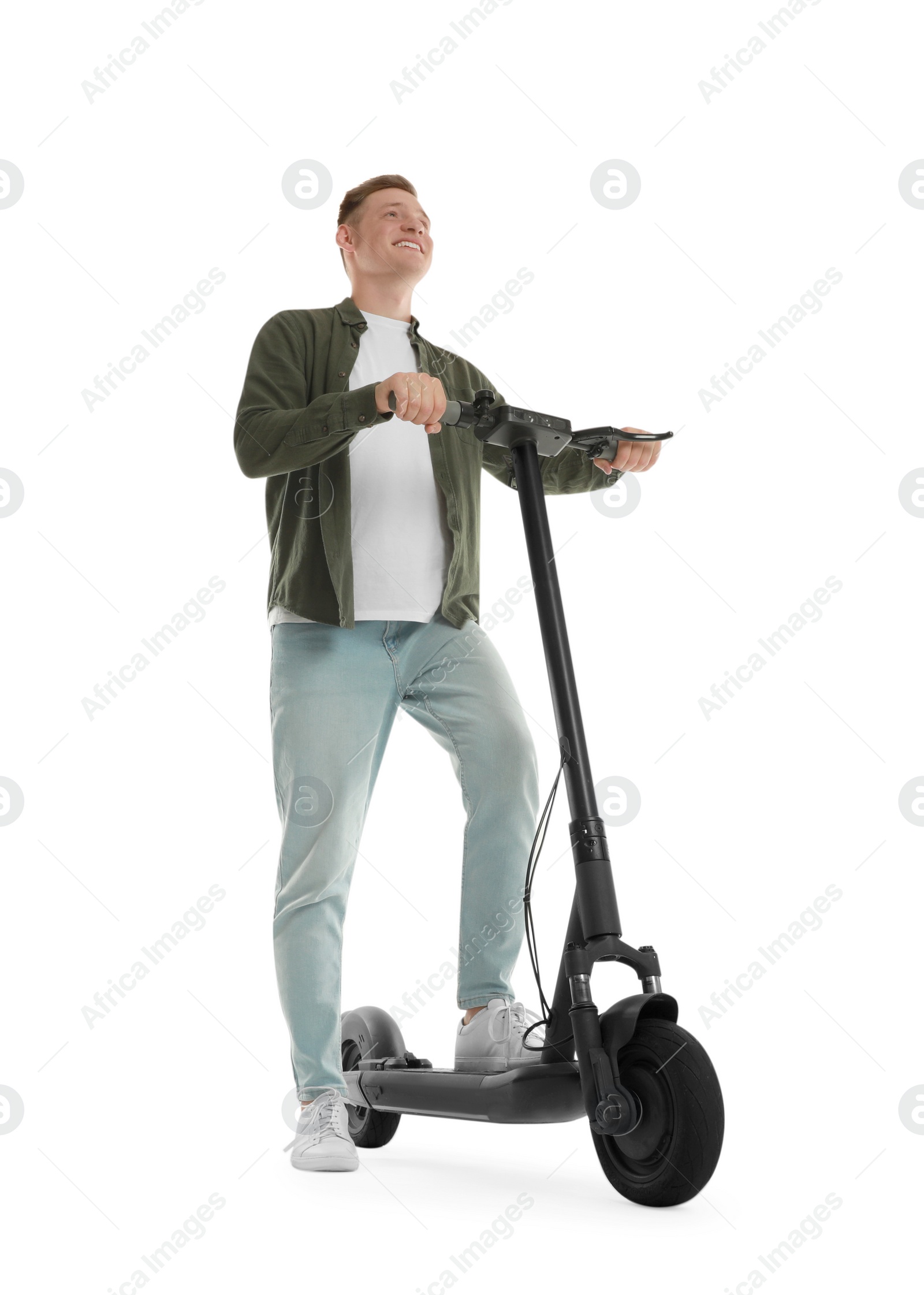 Photo of Happy man with modern electric kick scooter on white background, low angle view