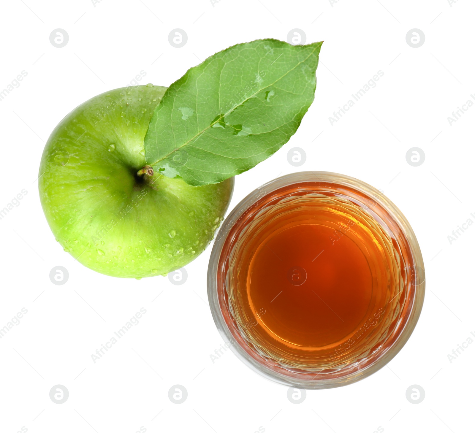 Photo of Glass of apple juice and fresh fruit on white background, top view