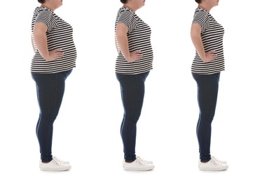 Image of Woman before and after weight loss on white background, collage