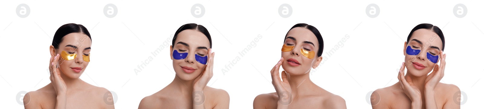 Image of Collage of beautiful woman with cosmetic under eye patches on white background. Banner design