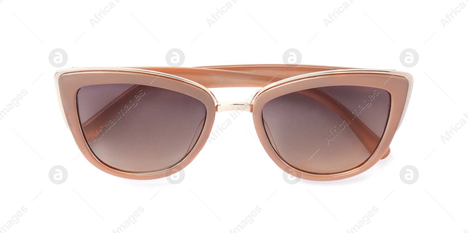 Photo of Stylish sunglasses on white background. Beach accessories