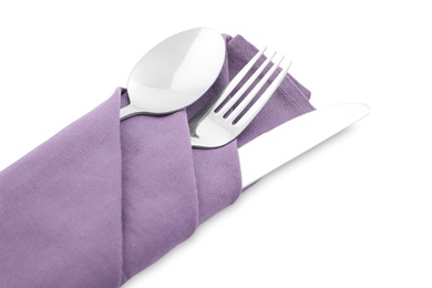 Photo of Clean cutlery with napkin isolated on white