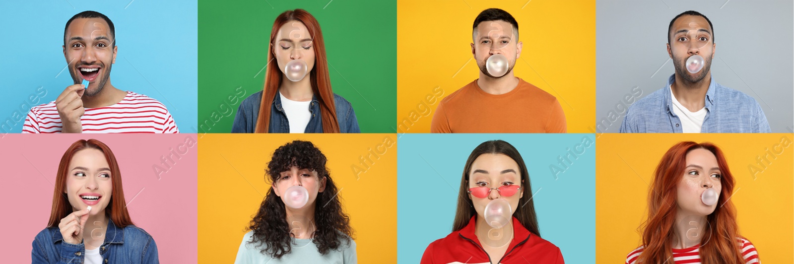 Image of People with bubble gums on color backgrounds, set of photos