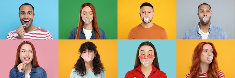 People with bubble gums on color backgrounds, set of photos