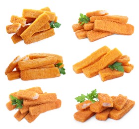 Set with delicious fish fingers on on white background