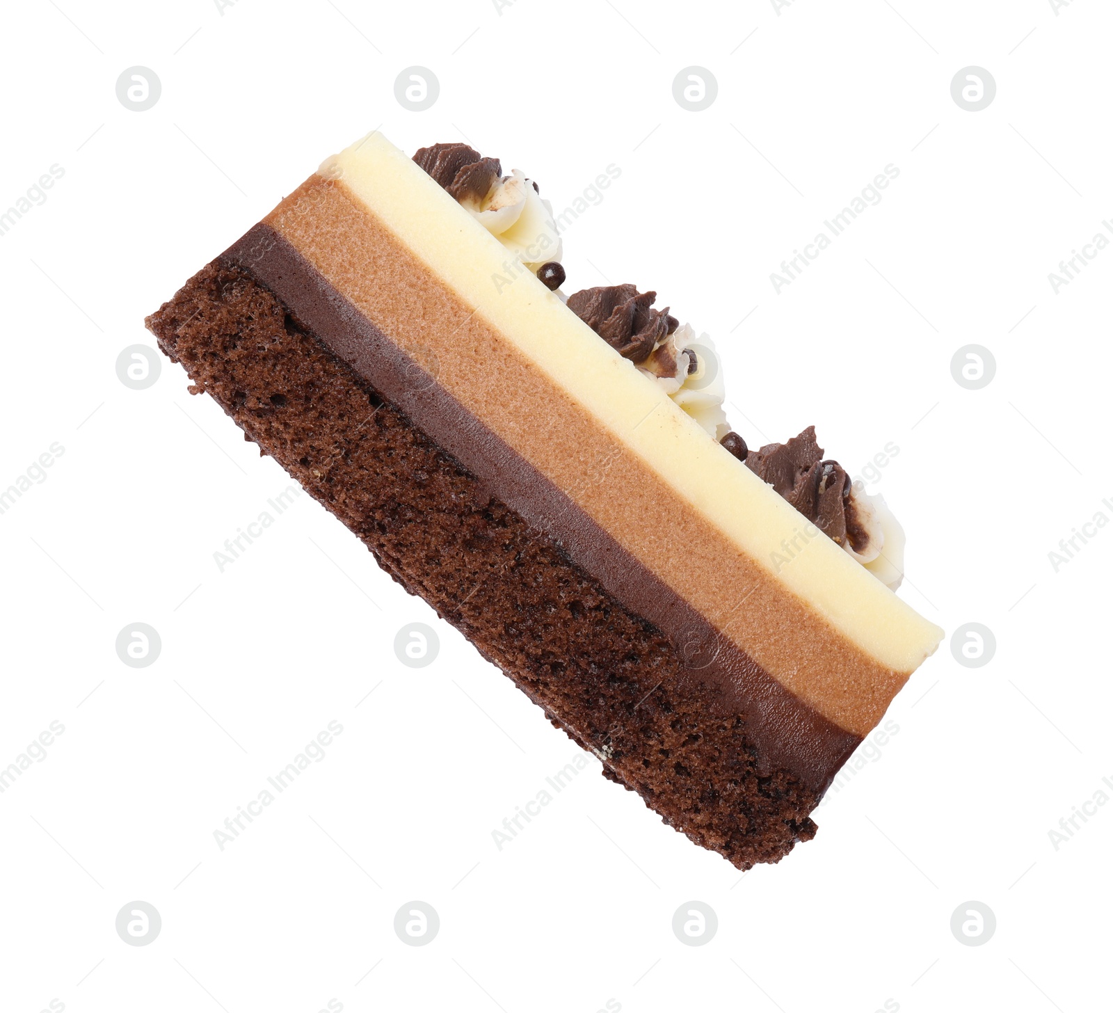 Photo of Tasty chocolate mousse cake isolated on white, top view