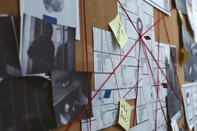 Photo of Detective board with crime scene photos, map and clues connected by red string, closeup