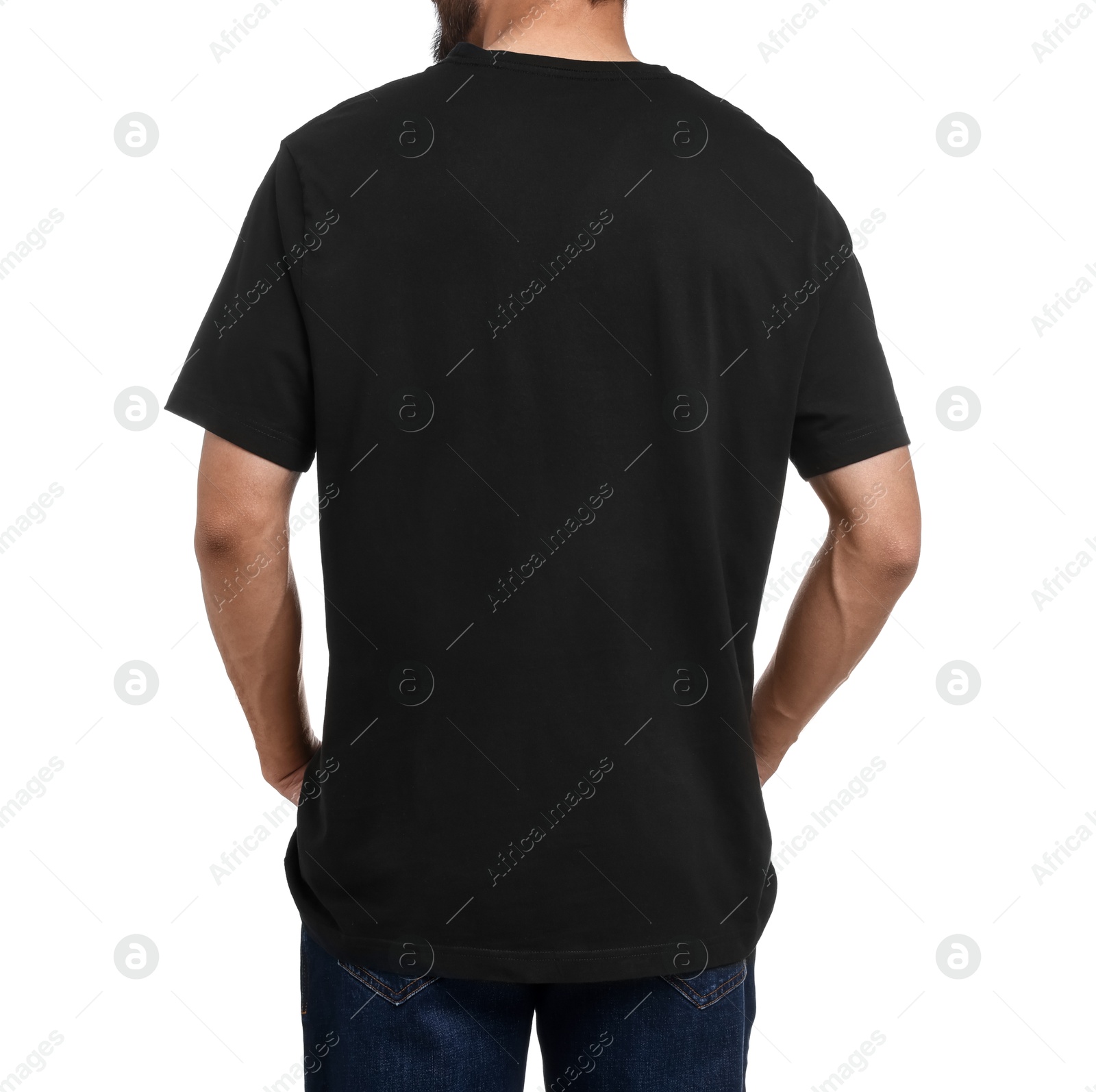 Photo of Man in black t-shirt on white background, back view