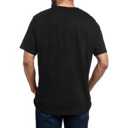 Photo of Man in black t-shirt on white background, back view