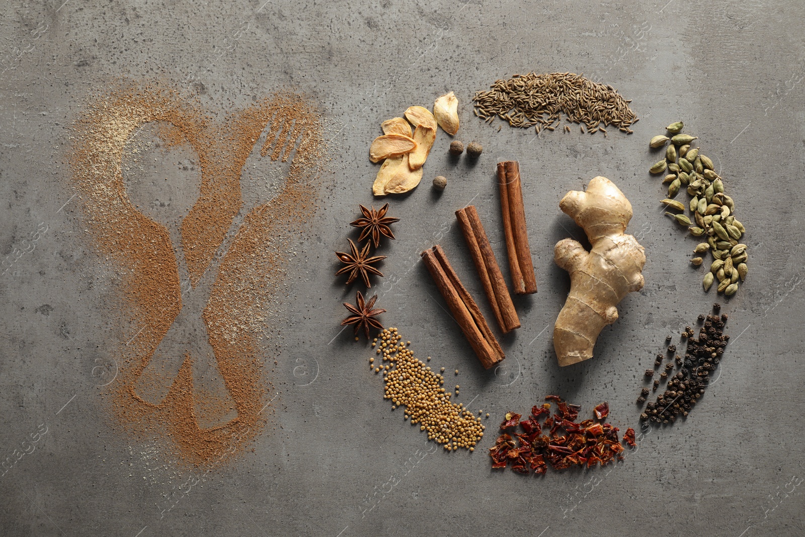 Photo of Different spices and silhouettes of cutlery on grey textured table, flat lay