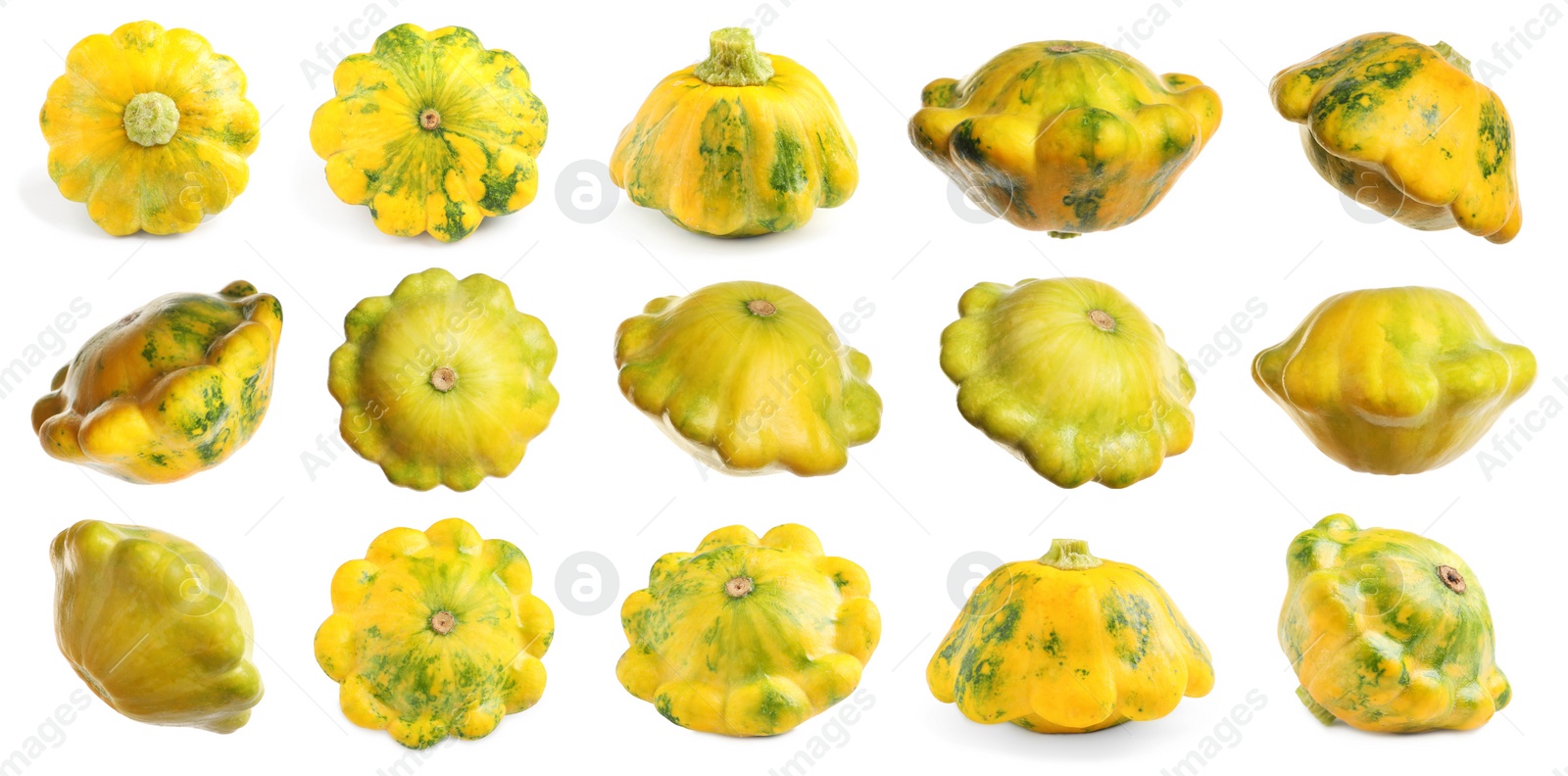 Image of Set with fresh ripe pattypan squashes on white background. Banner design