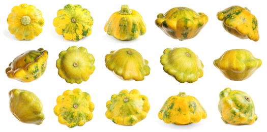 Image of Set with fresh ripe pattypan squashes on white background. Banner design