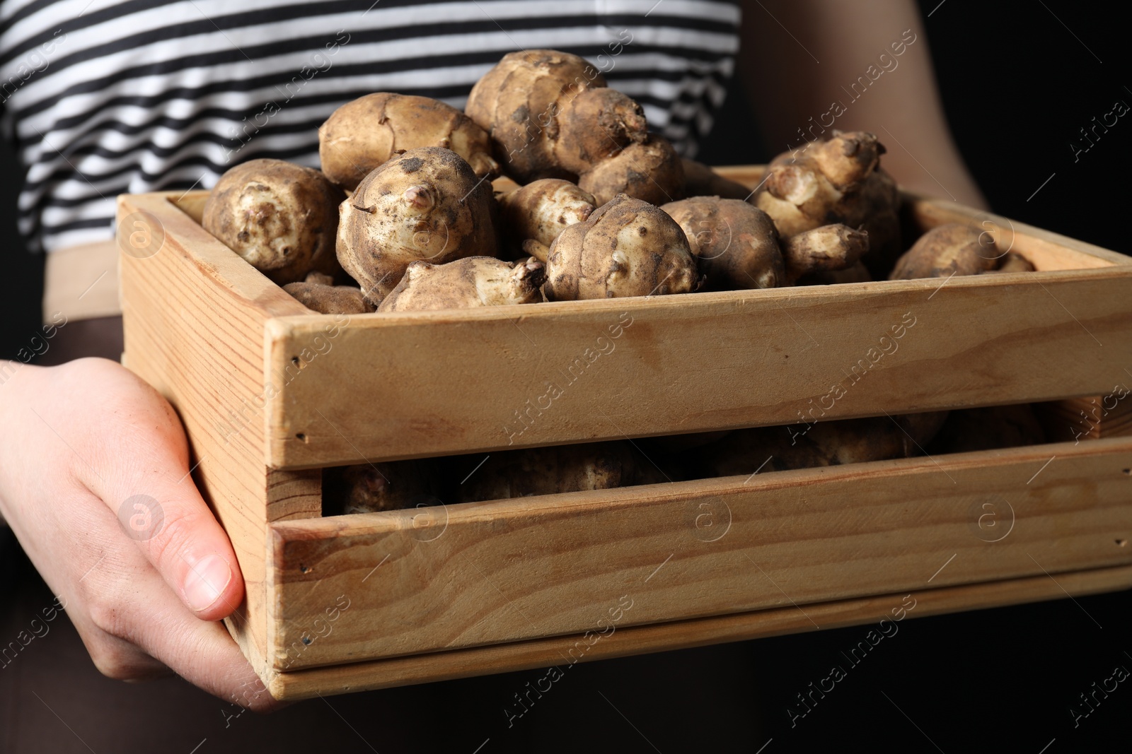 Photo of Woman holding wooden crate with Jerusalem artichokes on black background, closeup
