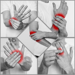 Image of People suffering from rheumatism, black and white effect with red accent. Collage of photos