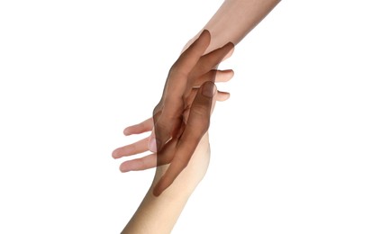 Double exposure of people's hands on white background, closeup