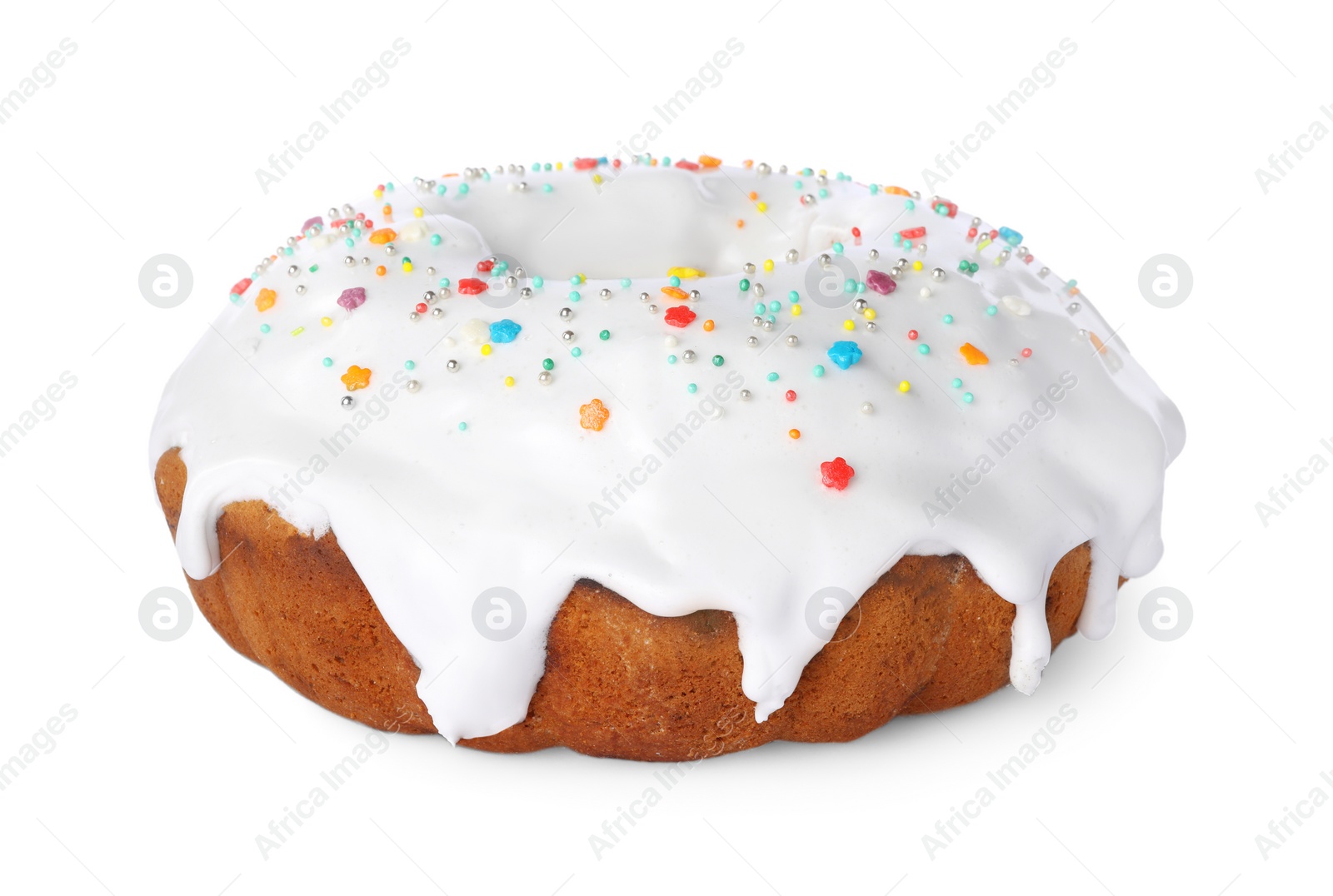 Photo of Easter cake with sprinkles isolated on white