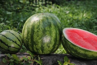 Photo of Different delicious ripe watermelons on stone surface outdoors, closeup