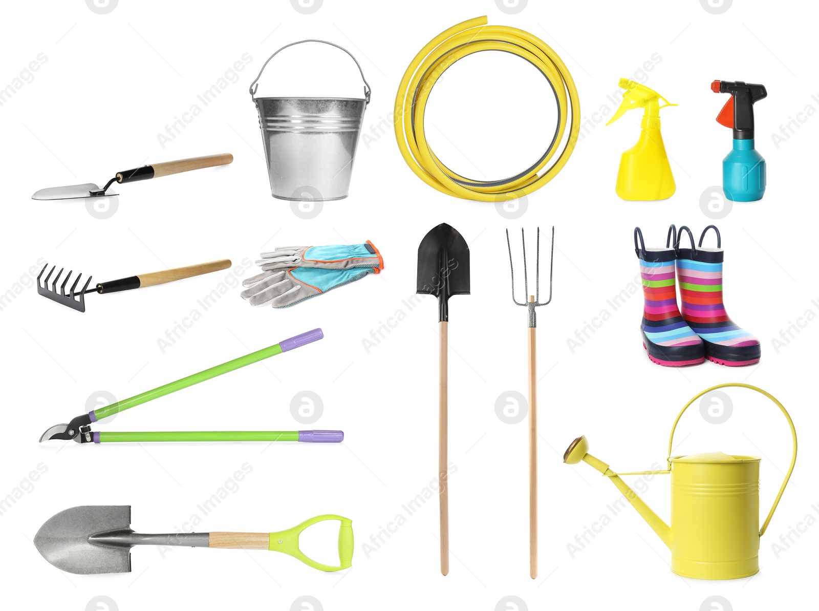 Image of Set with different gardening tools on white background