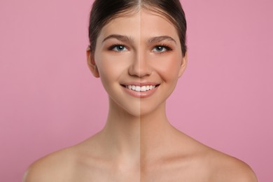Image of Collage with photos of beautiful girl before and after tanning on pink background