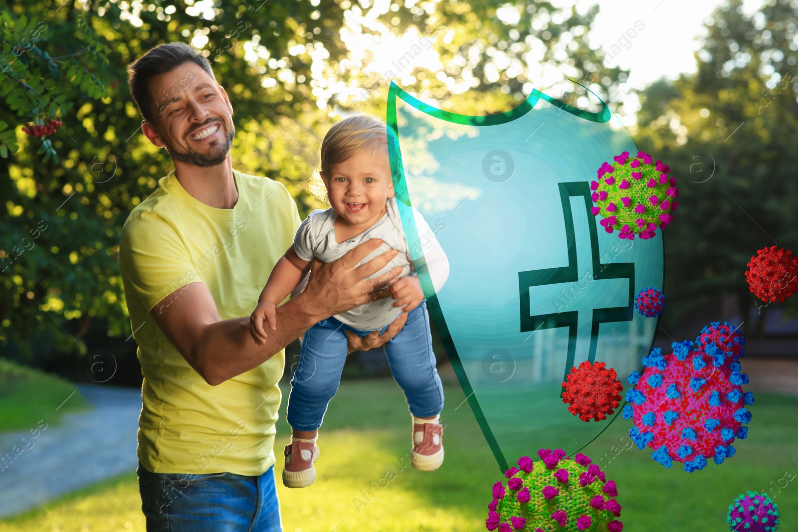 Illustration of Father with his child having fun outdoors. Shield blocking viruses, illustration. Strong immunity concept