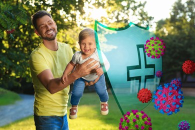 Father with his child having fun outdoors. Shield blocking viruses, illustration. Strong immunity concept