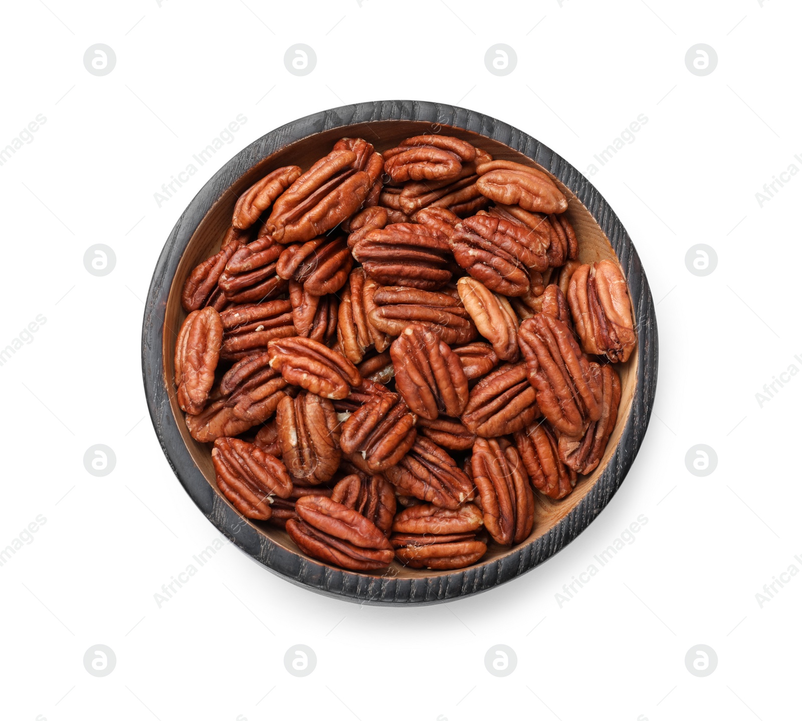 Photo of Many tasty pecan nuts isolated on white, top view