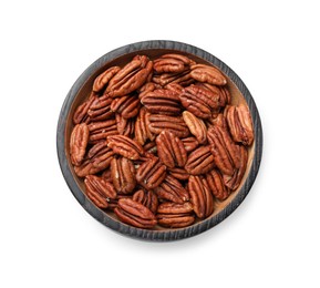 Many tasty pecan nuts isolated on white, top view