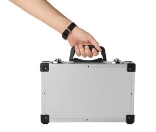 Man holding modern suitcase on white background