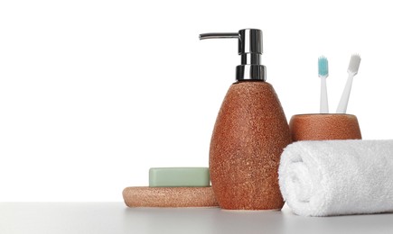 Bath accessories. Different personal care products on table against white background. Space for text