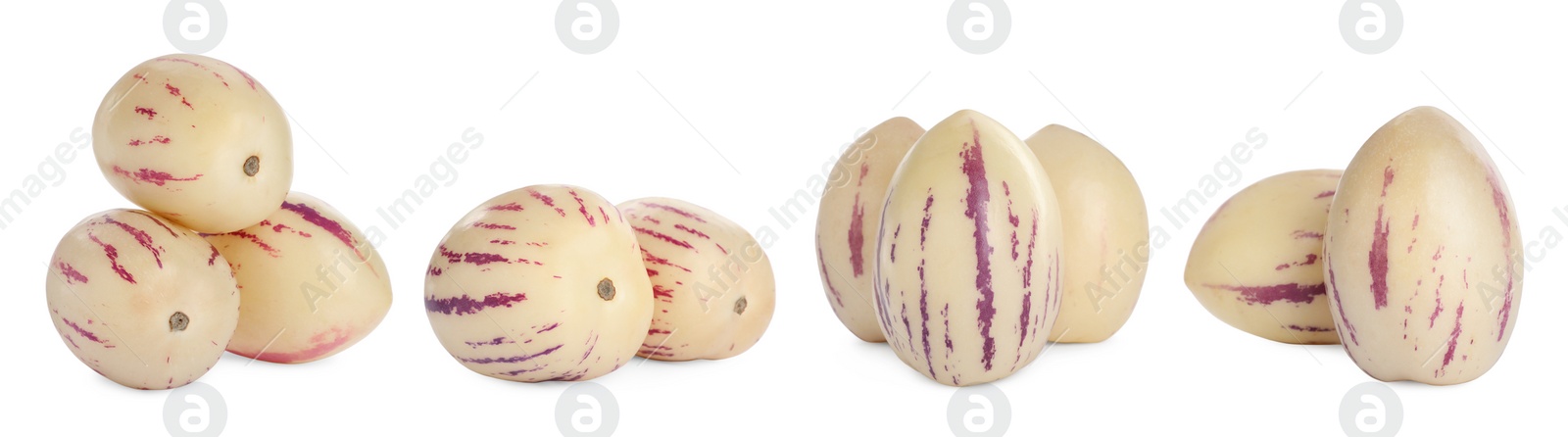 Image of Set with fresh ripe pepino fruits on white background. Banner design