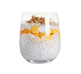 Delicious chia pudding with granola and mango on white background