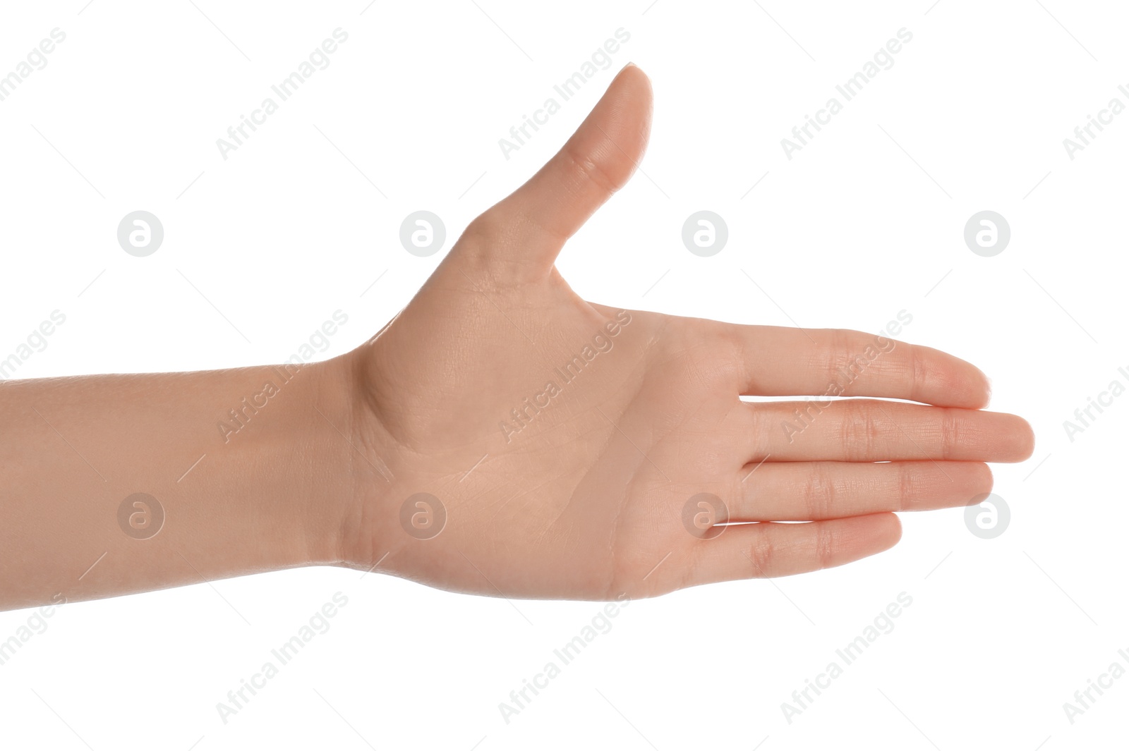 Photo of Woman making frame with hand on white background, closeup