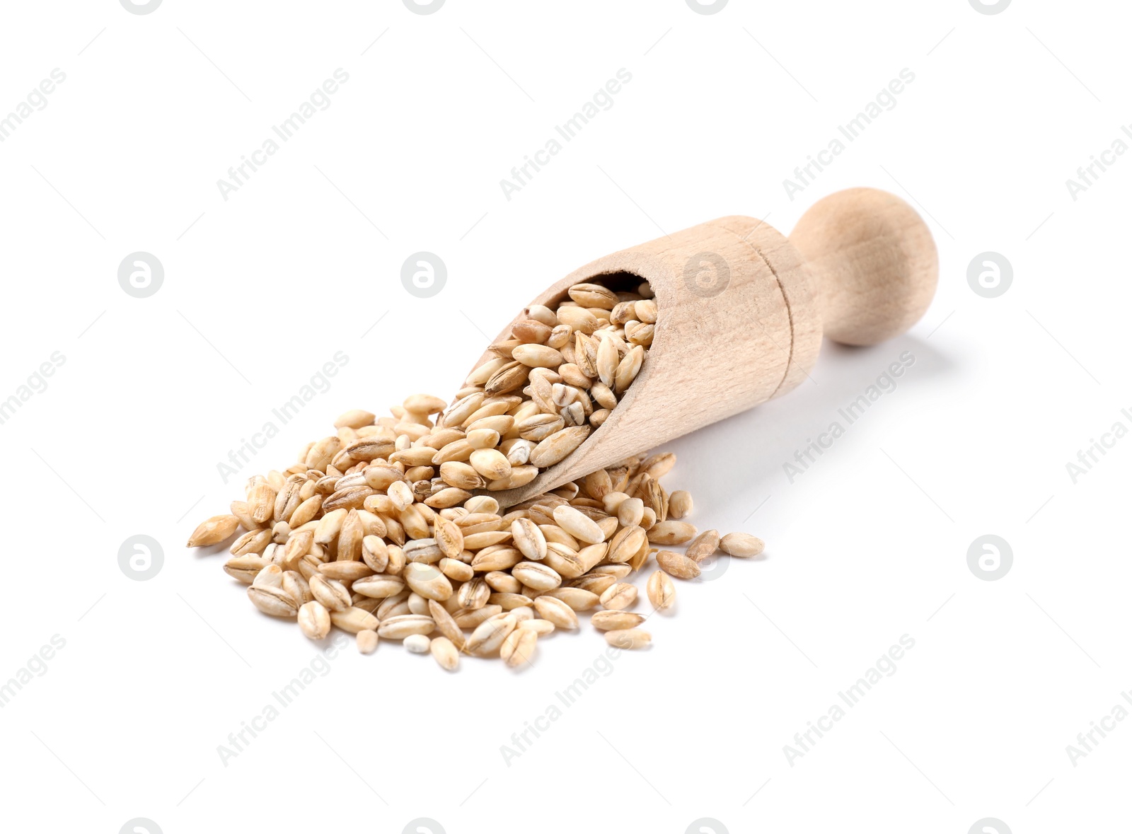 Photo of Wooden scoop with raw pearl barley isolated on white