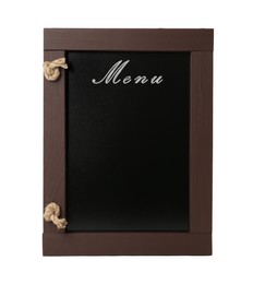 Image of Black chalkboard with word Menu on white background. Mockup for design