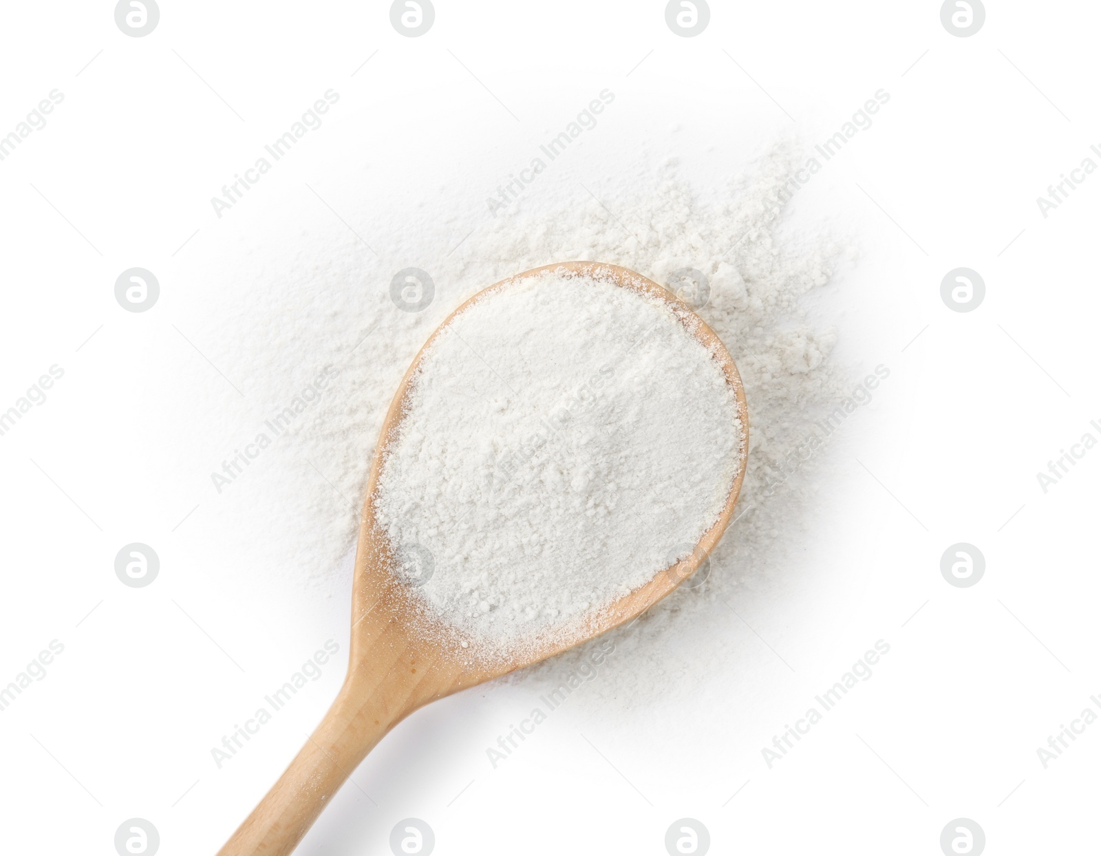 Photo of Baking powder in spoon isolated on white, top view