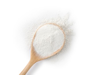 Baking powder in spoon isolated on white, top view