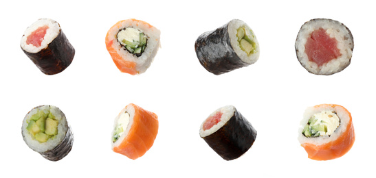 Image of Set of different delicious sushi rolls on white background