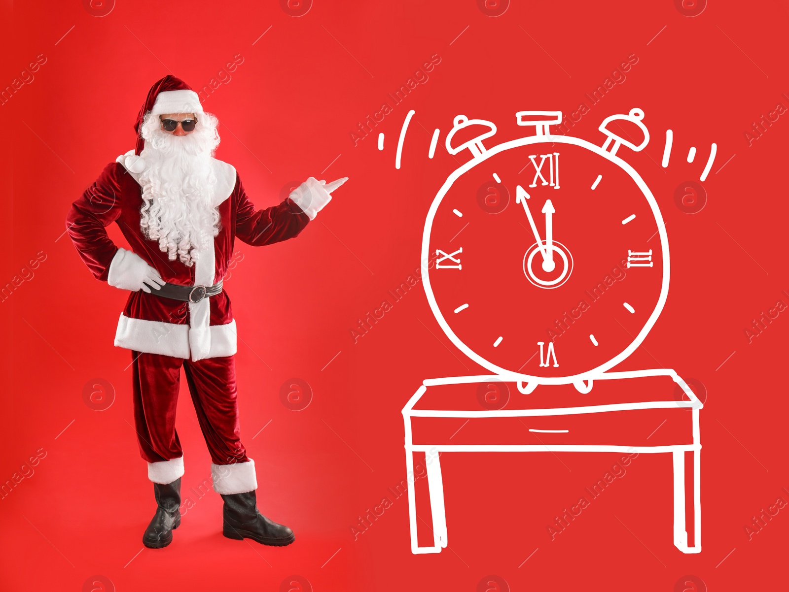 Image of Christmas countdown. Alarm clock showing five minutes to midnight near Santa Claus on red background