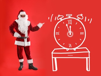 Image of Christmas countdown. Alarm clock showing five minutes to midnight near Santa Claus on red background