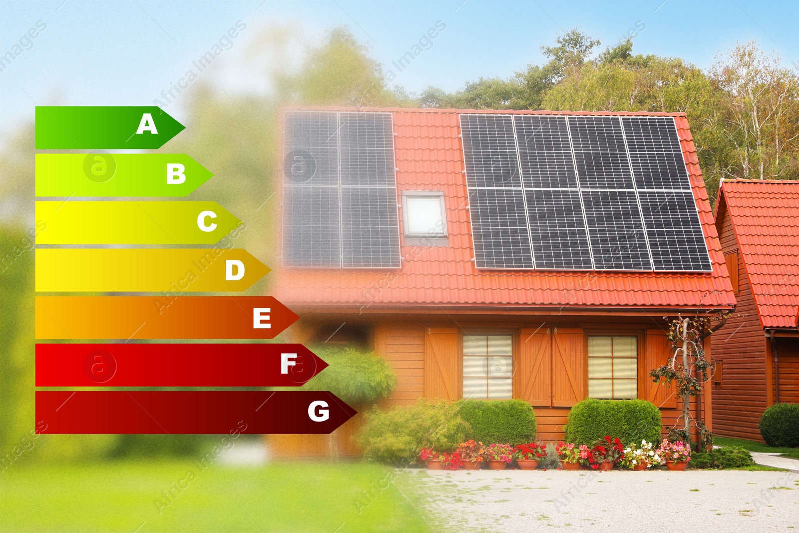 Image of Energy efficiency rating and blurred view of house with solar panels outdoors