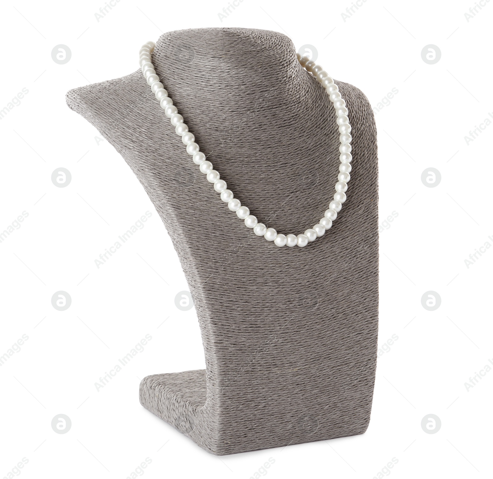 Photo of Stylish pearl necklace on jewelry bust against white background