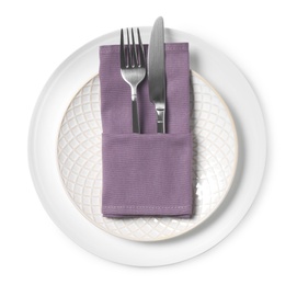 Plates with cutlery and napkin on white background, top view. Table setting