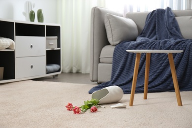 Photo of Broken ceramic vase on floor in room