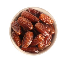 Sweet dried dates in bowl on white background, top view