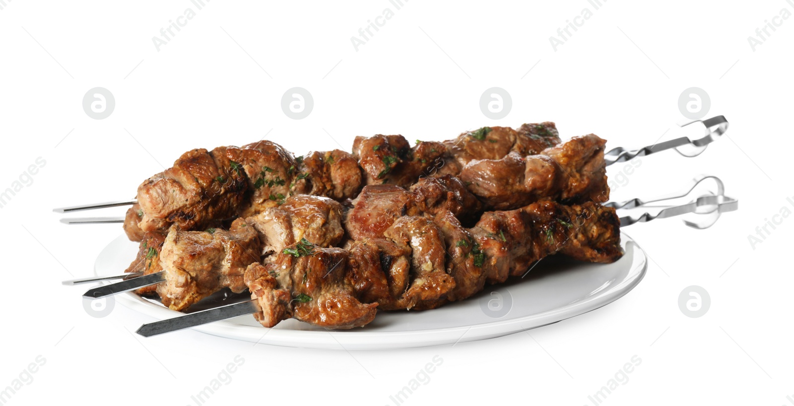 Photo of Metal skewers with delicious meat on white background