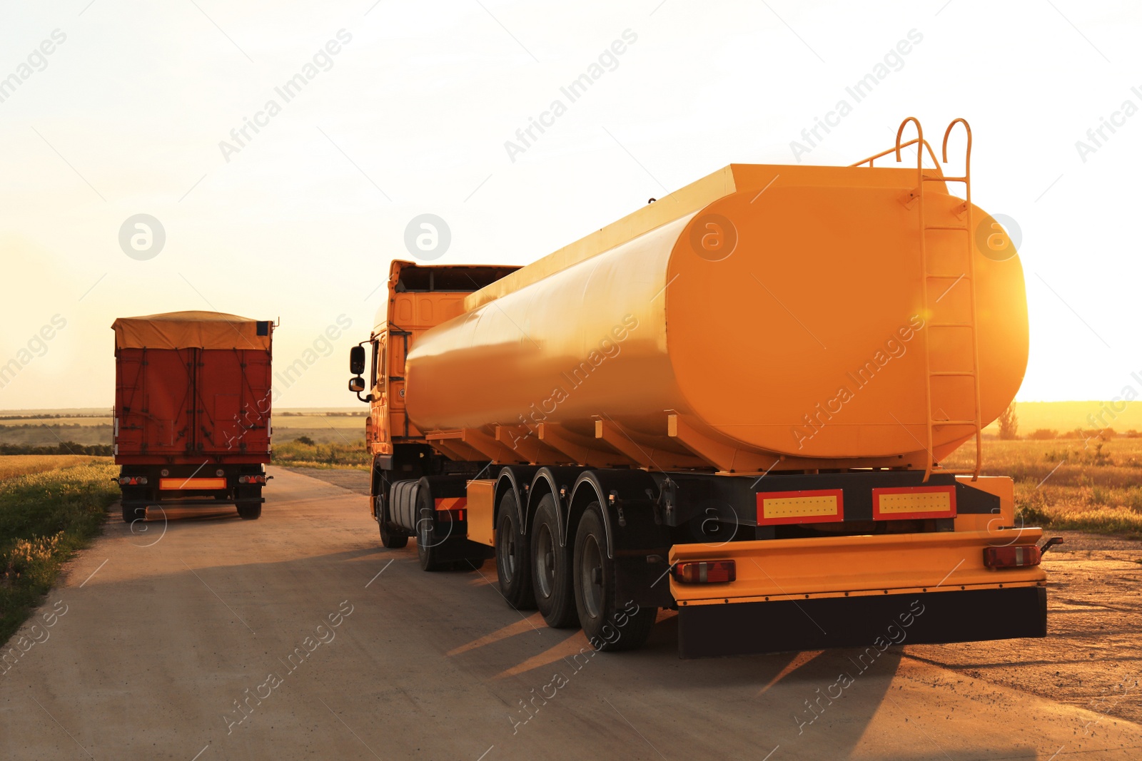 Photo of Modern bright trucks parked on country road