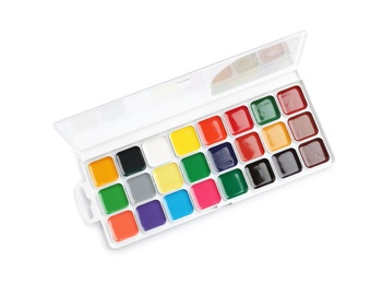 Plastic watercolor palette on white background, top view. Painting equipment for children