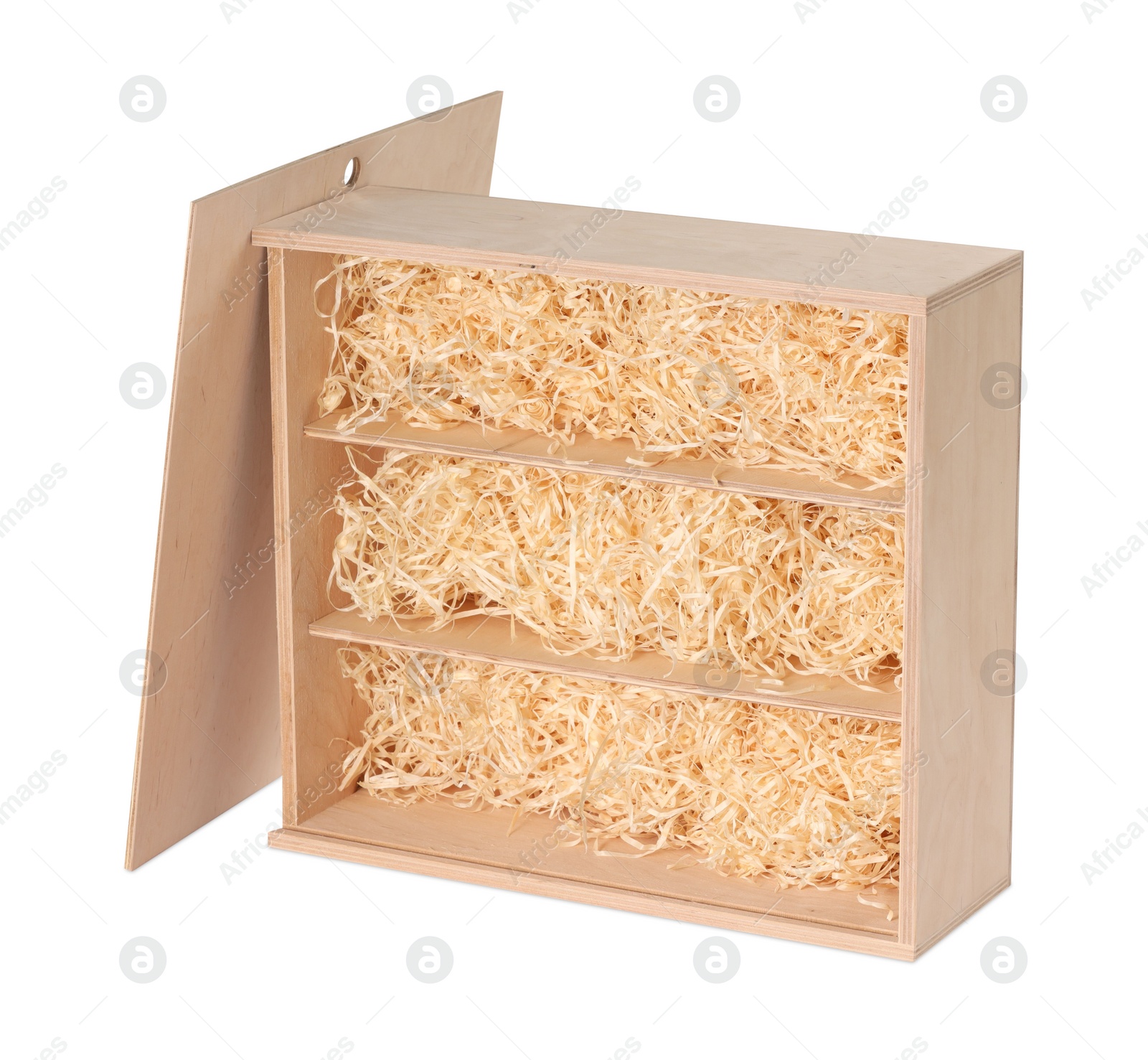 Photo of Open wooden wine box with straw isolated on white